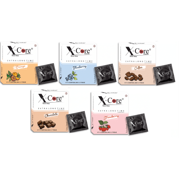 X-Core Extra Dotted Condom - Combo's - Orange, Blueberry, Coffee, Chocolate, Strawberry (15 Units)